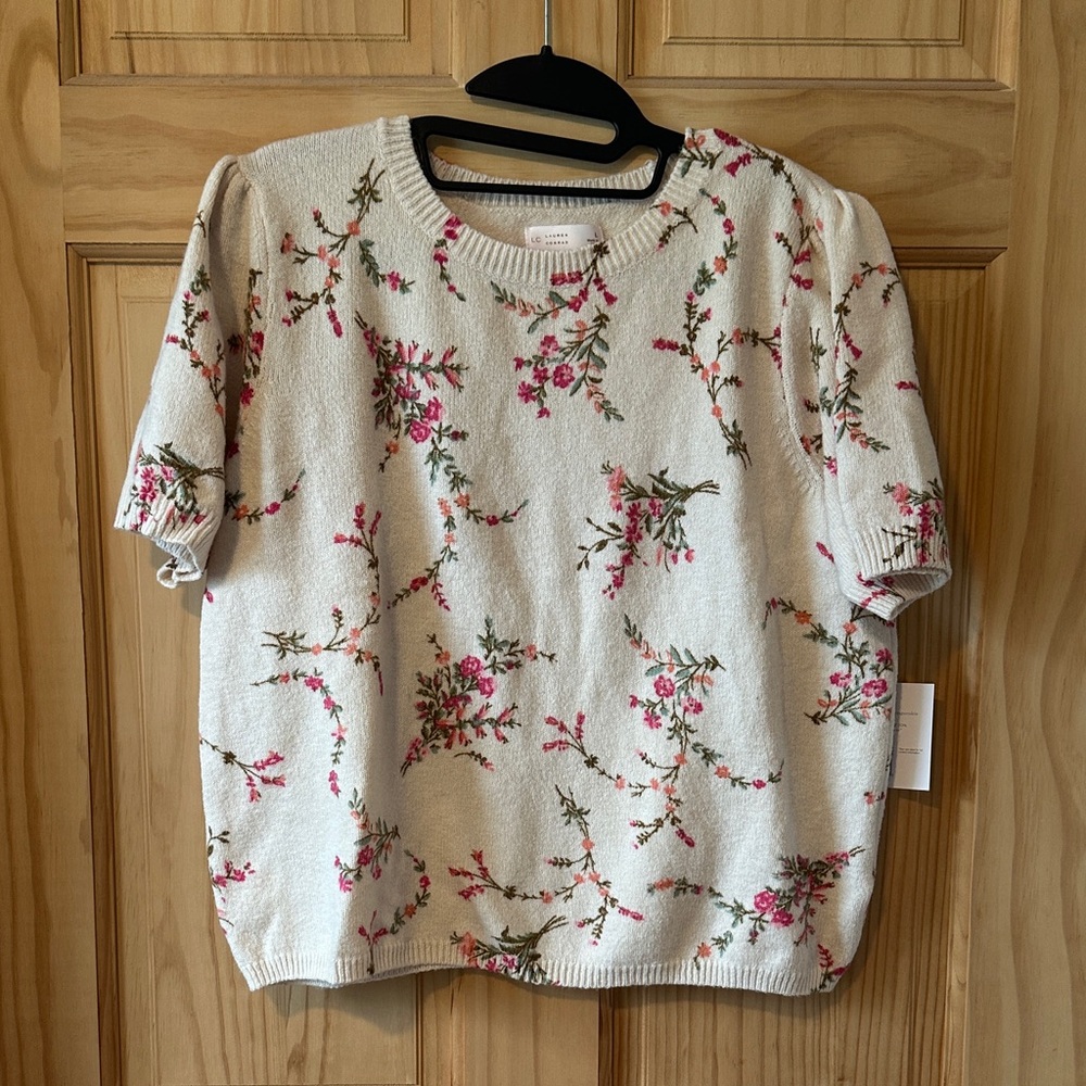 LC Lauren Conrad Cream Sweater with Pink Floral Design